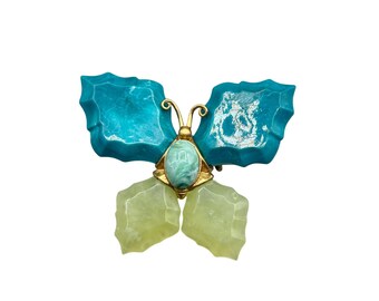Vintage Butterfly Pin Brooch Green And Blue Plastic Wings Gold Tone Metal