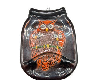 Vintage Handcrafted Glass Owl Wall Art Melted Jar Fused Glass Artist Signed