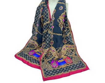 Adrienne Landau Silk Scarf Colorful Jewels and Chains Design Rectangular Shaped