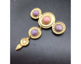 Pink & Purple Stones Brooch Matte Gold Tone Pastel Colors Cabochons Dangle Pin