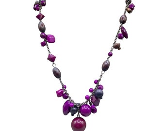 Premier Design Purple Necklace Long Chain & Dangling Beads Silver Tone Metal