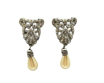 Vintage Clip On Earrings Rhinestone Pearl Drops Art Deco Revival Costume Jewelry