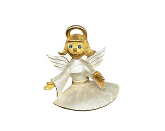 Vintage Angel Pin Brooch JJ Designer Signed Angel Girl White Enamel Dress