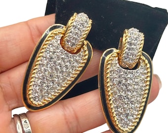 Swarovski Swan Signed Statement Clip Earrings Crystals Pave Gold & Black Enamel