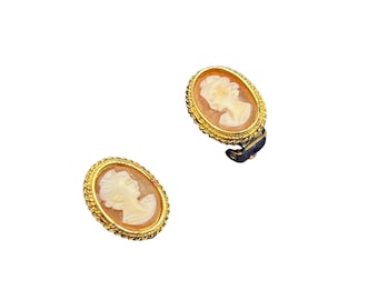 Vintage Cameo Earrings Clip On Genuine Shell Cameo Made In Italy Gold Tone