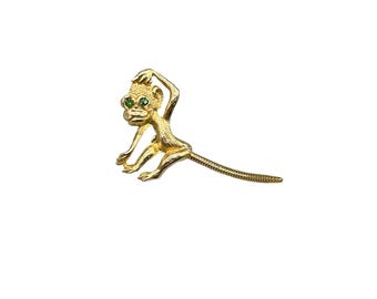 Vintage Gold Tone Monkey Brooch with Green Rhinestone Eyes & Movable Tail