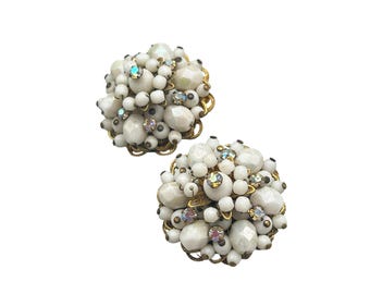 Vintage Clip On Earringd White Beaded Clusters Haskell DeMario Style UNSIGNED