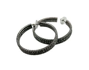 Rhinestones Pierced Hoops Earrings Over Sized Gunmetal Color Circle Large Hoops
