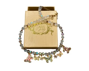 KIRKS FOLLY Butterfly Necklace Charm Necklace Beaded AB Crystals Enamel Butterflies