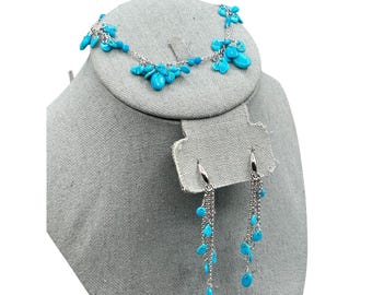 Turquoise Earrings And Bracelet Set Sterling Silver Long Drops Dangles And Charm Bracelet