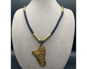 Brutalist Necklace Signed EXART Hecho En Mexico Brass Necklace With Black Twisted Rope
