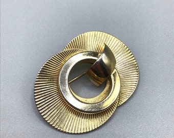 Retro Gold Tone Brooch Textured Circles Abstract Pin Vintage Costume Jewelry