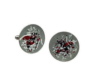 Vtg Enamel Cufflinks Grey Red Splattered Abstract Pattern Round 70s Jewelry