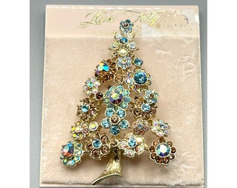 Kirks Folly Christmas Tree Brooch New On Card AB Rhinestones Flowers Holiday Pin