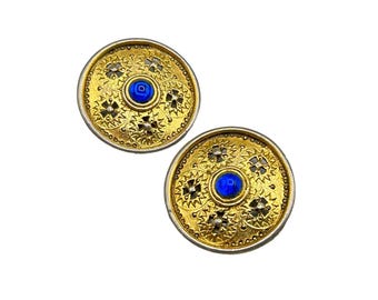 Vintage 80s Gold Clip On Statement Earrings with Blue Cabochons Accents