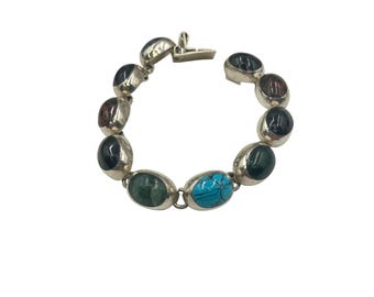 Vtg Sterling Silver Stone Bracelet Made in Mexico Semi Precious Colorful Stones