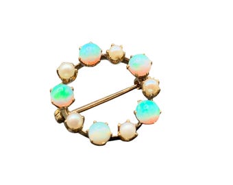 Vintage 14K Gold Opals and Genuine Pearls Wreath Brooch Round Circle Pin