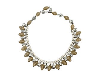 Vintage Milk White Rhinestones Necklace With Frosted Glass Beads Old Choker