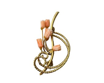 Vintage Floral Carved Coral Flowers Gold Tone Pin Brooch Small Pink Roses