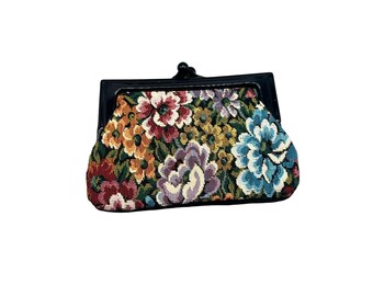 Vintage Tapestry Coin Purse Made in Hong Kong Black Frame Floral Colorful Fabric