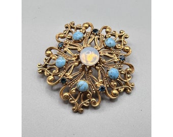Signed Florenza Pin Brooch Gold Tone Blue Cabochons Opaline Stone Ornate Flower