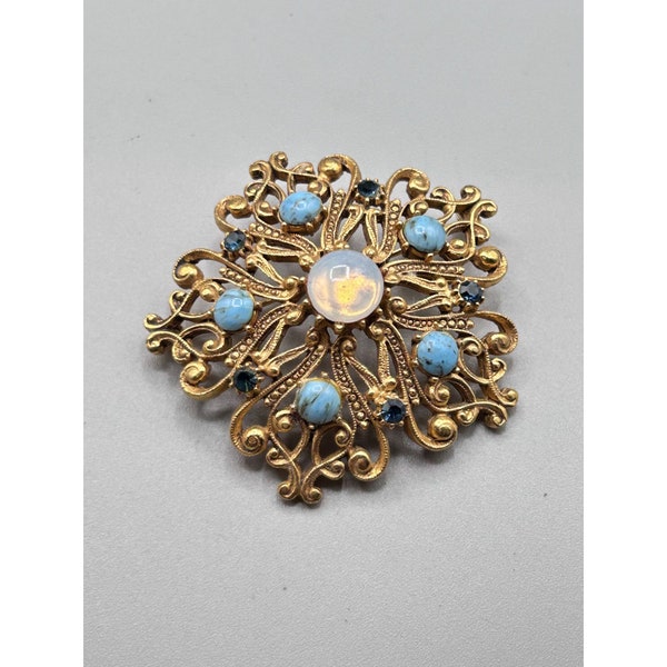 Signed Florenza Pin Brooch Gold Tone Blue Cabochons Opaline Stone Ornate Flower