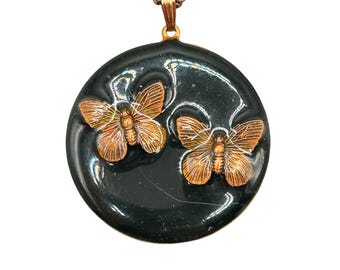 Vintage Black Enamel & Copper Butterfly Pendant Necklace Round Medallion