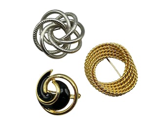 Set Of 3 Swirls Round Circles Pin Brooch Gold Tone Silver Tone Black Enamel