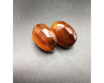 Vintage Faceted Screw Back Earrings Brown Color Bakelite Rootbeer Oval Earrings