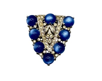Vintage Dress Clip Blue Moonstone Lucite Cabochons And Clear Rhinestones