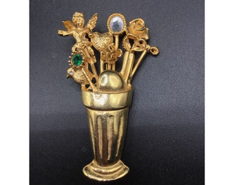 Vintage Brooch Gold Tone Vase with Stick Pins Angel Heart Flower Romantic Pin