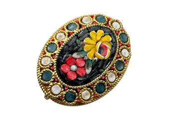 Vintage Italian Mosaic Brooch Red & Yellow Flowers Oval Shaped Gold Tone Metal