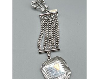 Multichain Brooch with Fob Silver Tone Watch Pin Engravable Signed Monet Jewelry