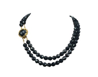 Vintage Double Strand Necklace Black Glass Beads Strung on Chain Clasp Choker