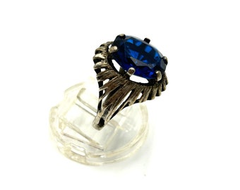 Old Vintage Blue Glass Ring Size 6.5 Raised Design Sterling Silver Cocktail Ring