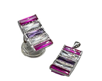 Shades of Pink & Purple Ring Size 7 with Matching Pendant Silver Tone Band
