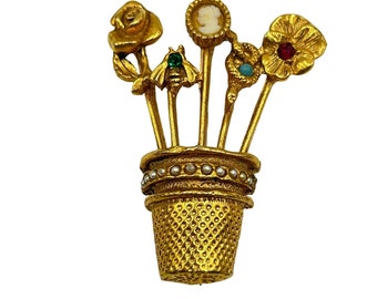 Vintage Thimble with Stick Pins Brooch Goldette Design Gold Tone Costume Jewelry