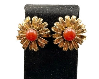 Fabulous Flowers Earrings Daisy Clip On Antiqued Gold Tone and Orange Cabochons