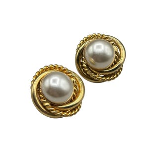 Vintage Pearls Clip On Earrings Gold Tone Knots Textured Twisted Rope Design