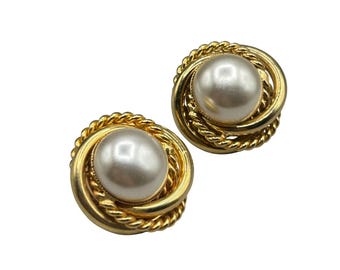 Vintage Pearls Clip On Earrings Gold Tone Knots Textured Twisted Rope Design