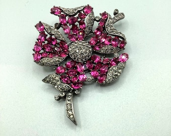 Signed Trifari Fuchsia Flower Brooch Sterling Silver Older Design Rhinestone Pin