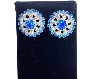 Blue Glass Rhinestones Chain Design Silver Color Clips Earrings Signed Kramer