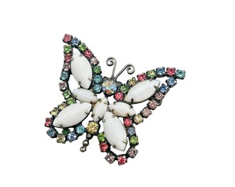 Vintage Butterfly Pin Brooch Pastel Colors Rhinestones White Silver Tone Insect Bug Pin