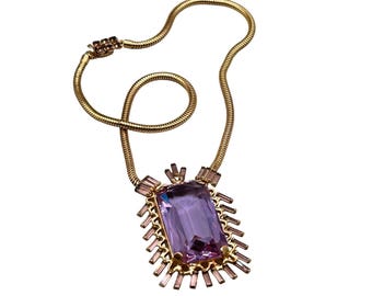 Karu Neodymium Glass Necklace Gold Tone Snake Chain Purple Blue Crystal Pendant