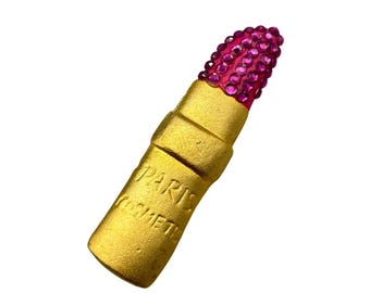 Vintage Pink Lipstick Pin Brooch Paris Cosmetics Pin Gold Tone Pink Rhinestones