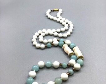 Vintage Beaded Necklace Genuine Semi Precious Stones White and Blue Hand Knotted