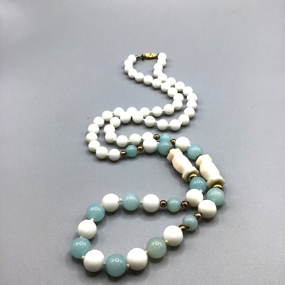 Vintage Beaded Necklace Genuine Semi Precious Stones White and Blue Hand Knotted