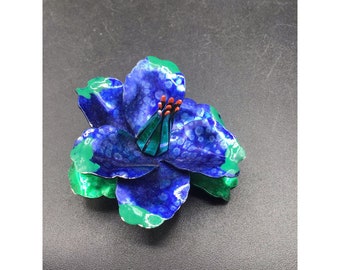 Flower Power Brooch Green & Blue Enamel Made in Germany Spring Pin 70s Jewelry