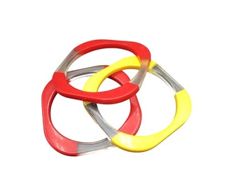 Lucite Plastic Bangles Set of 3 Red and Yellow Retro Funky Square Bracelets