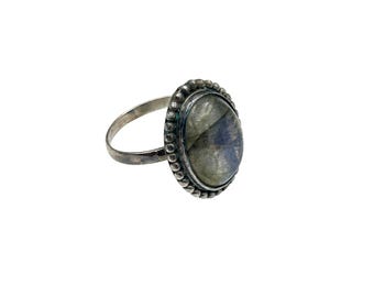 Vintage Labradorite Ring Size 10.5 Sterling Silver Settings Oval Stone